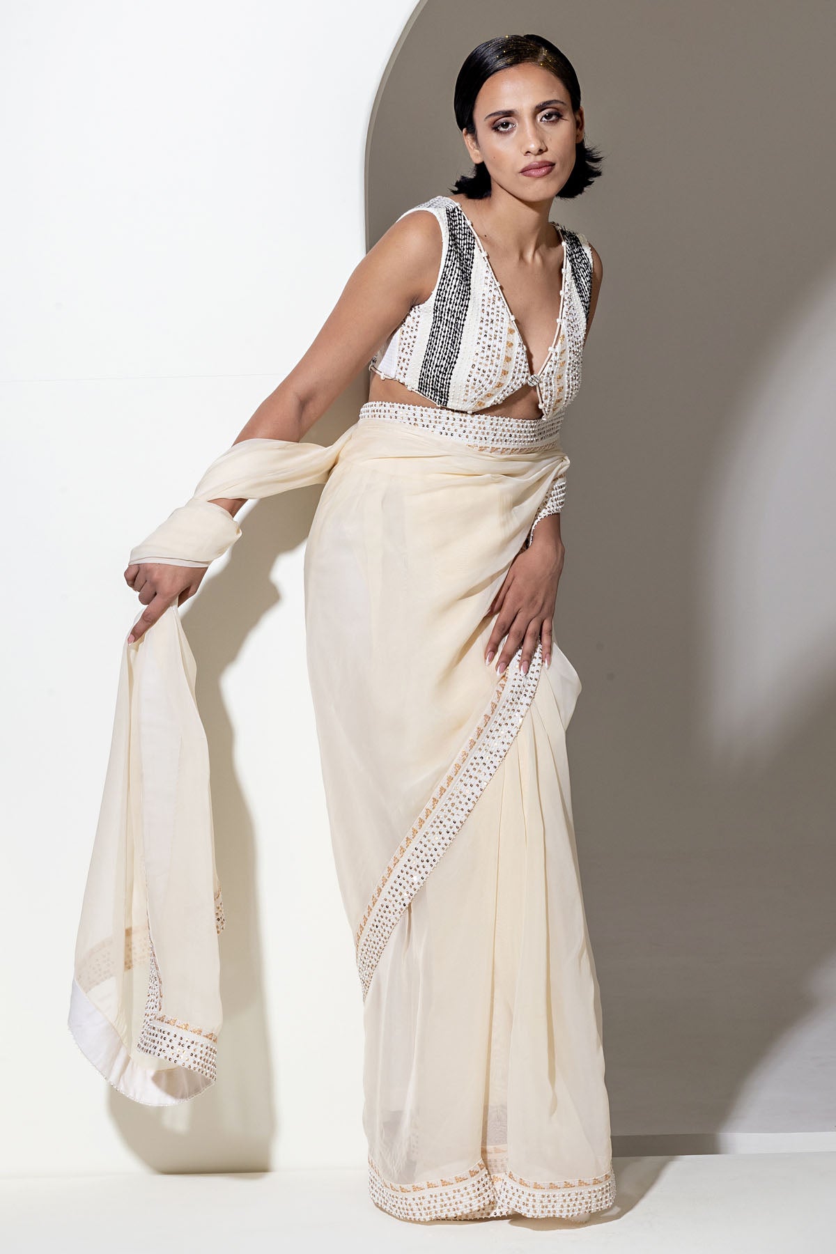 Ivory Organza Sequins Saree