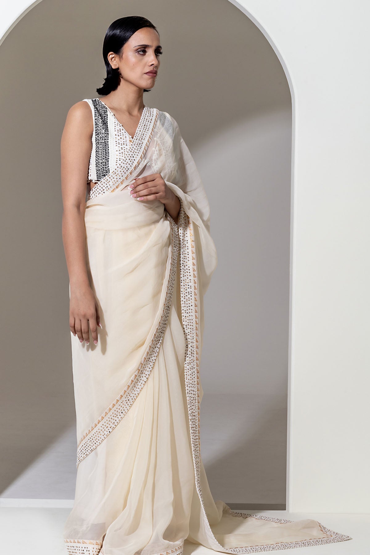 Ivory Organza Sequins Saree