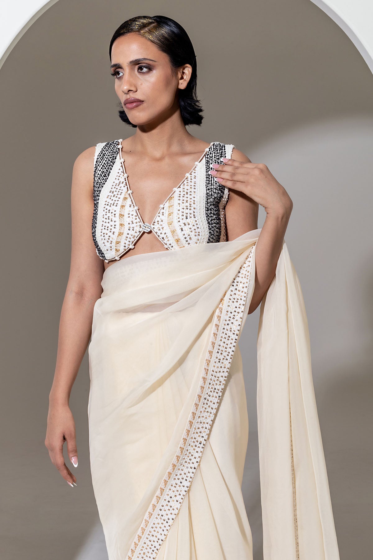 Ivory Organza Sequins Saree