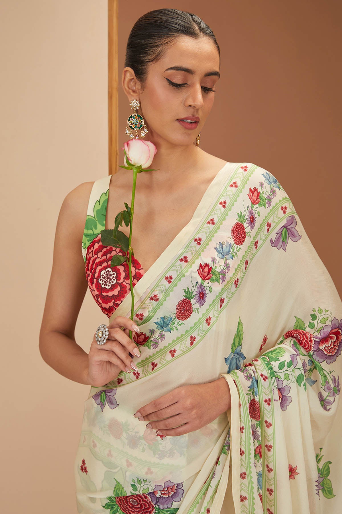 Ivory Printed Saree & Blouse