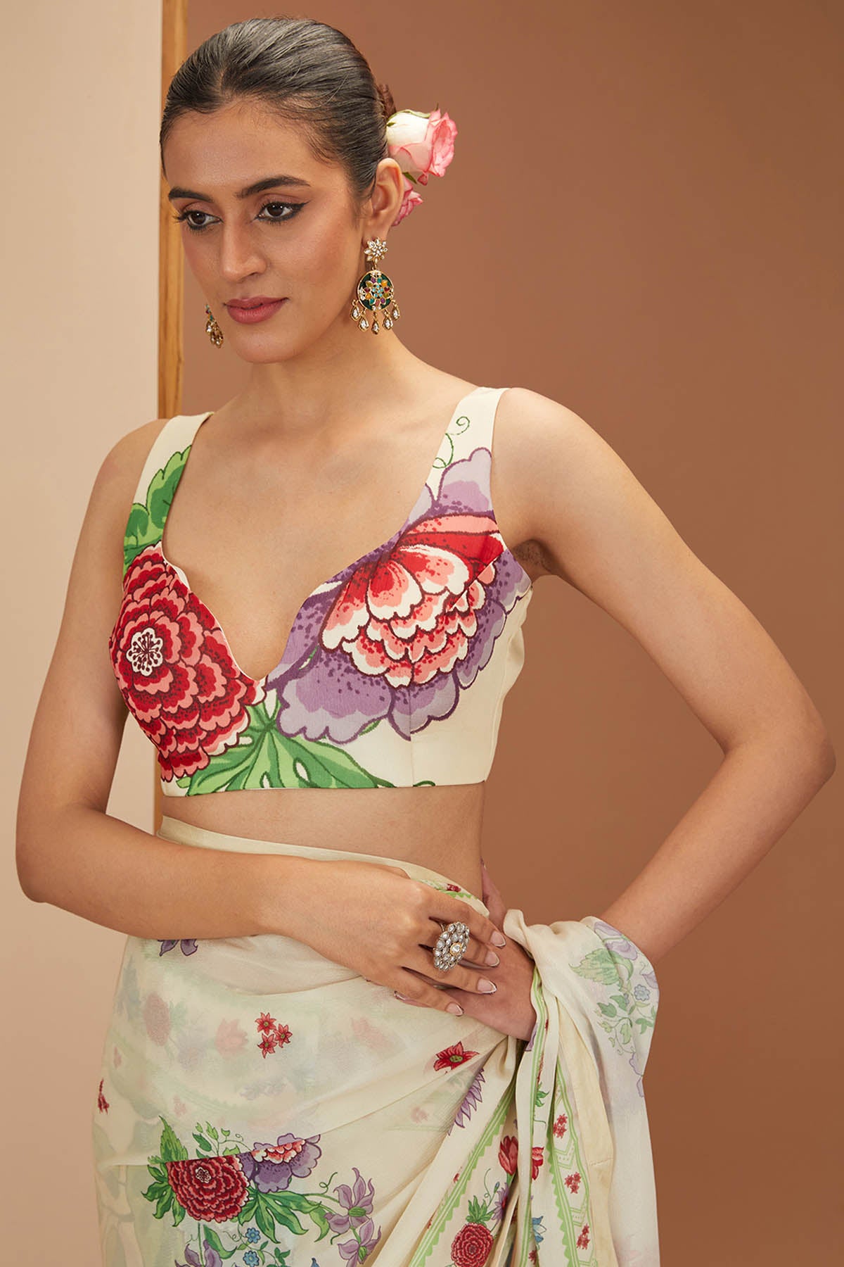 Ivory Printed Saree & Blouse