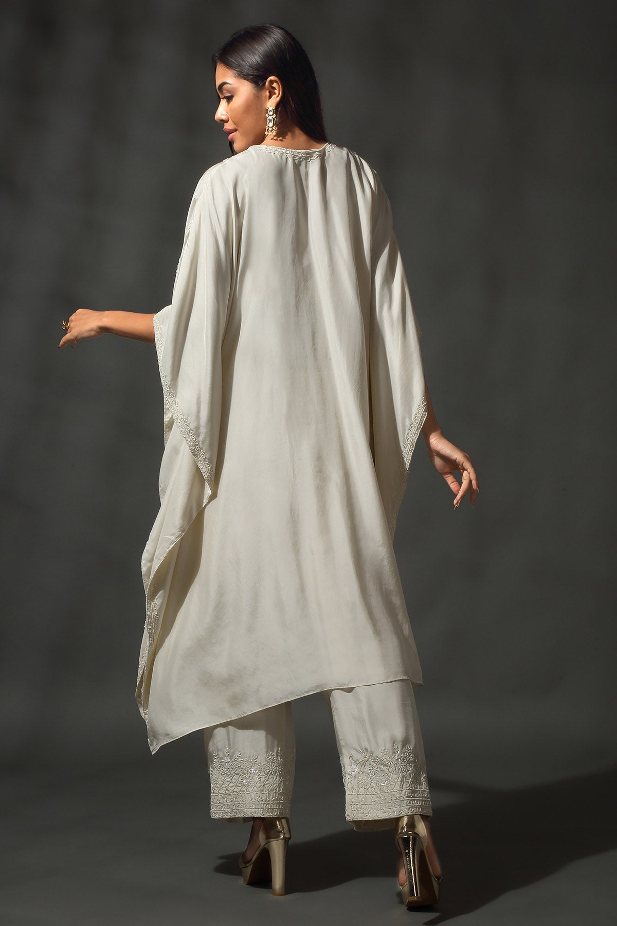 Ivory Silk Sequins Kaftan Set