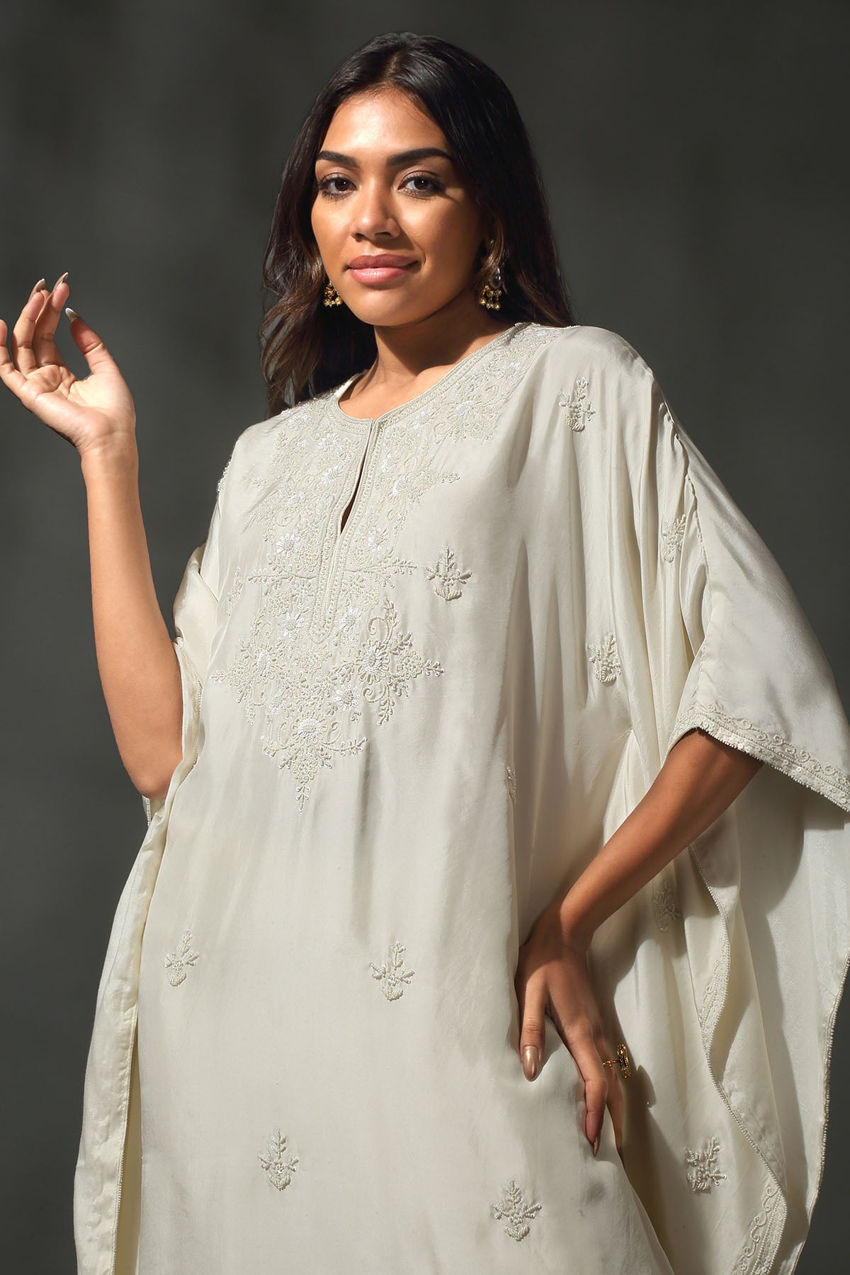 Ivory Silk Sequins Kaftan Set