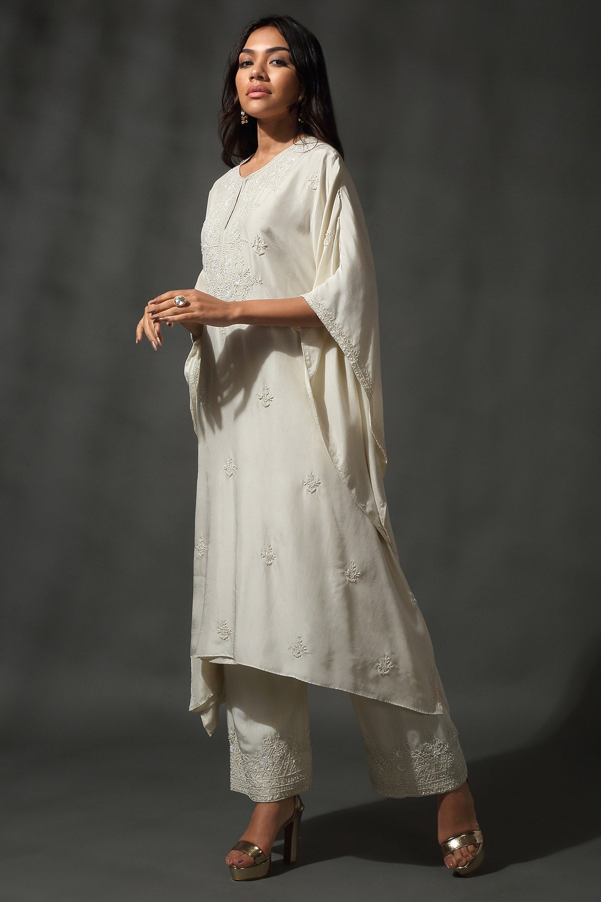 Ivory Silk Sequins Kaftan Set