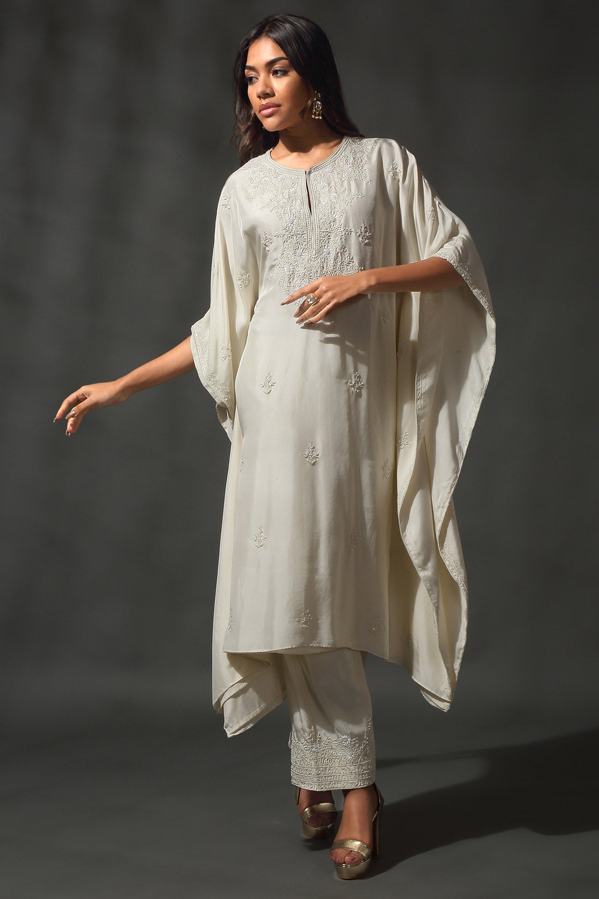 Ivory Silk Sequins Kaftan Set