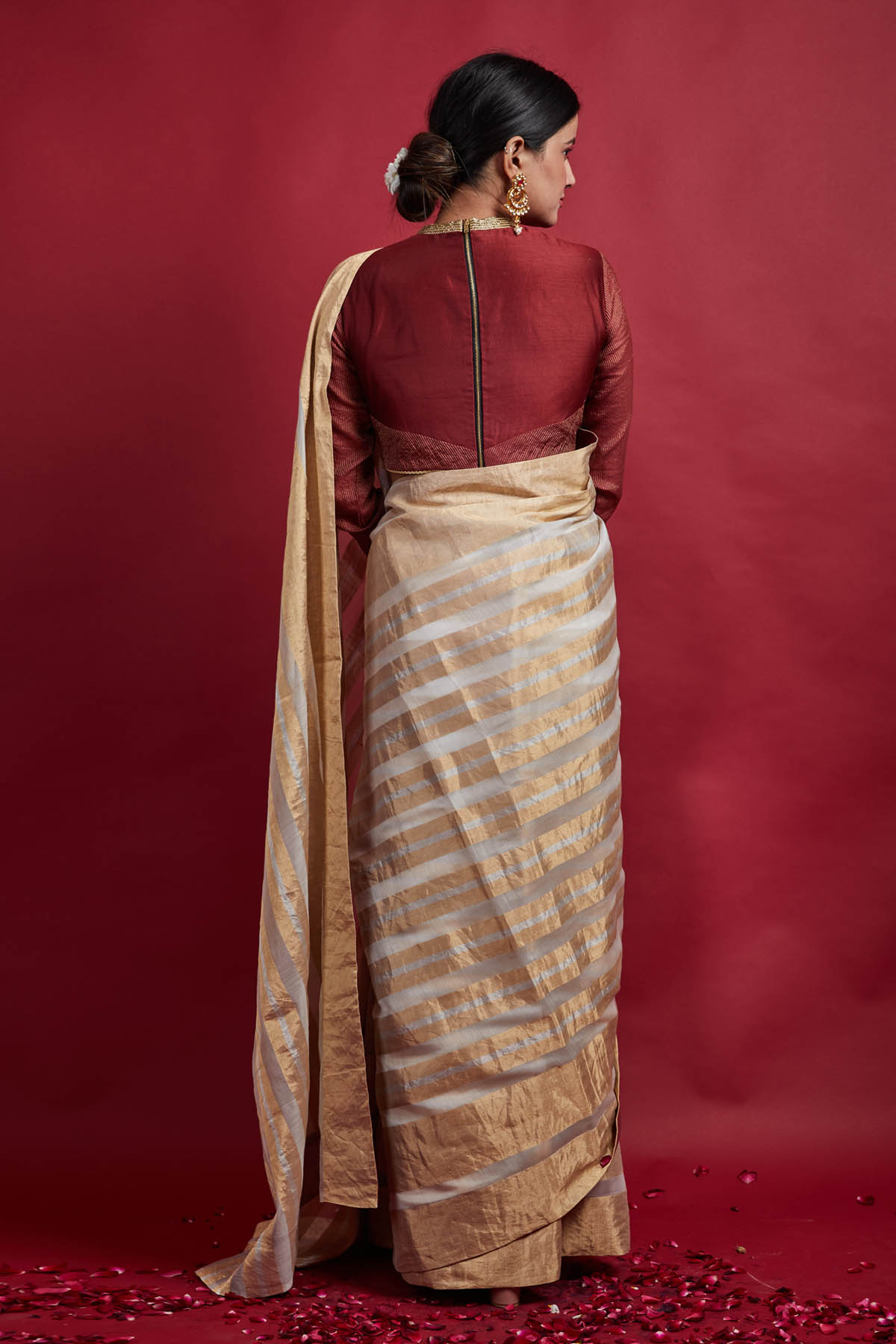 Ivory Zari Stripes Chanderi Saree Set