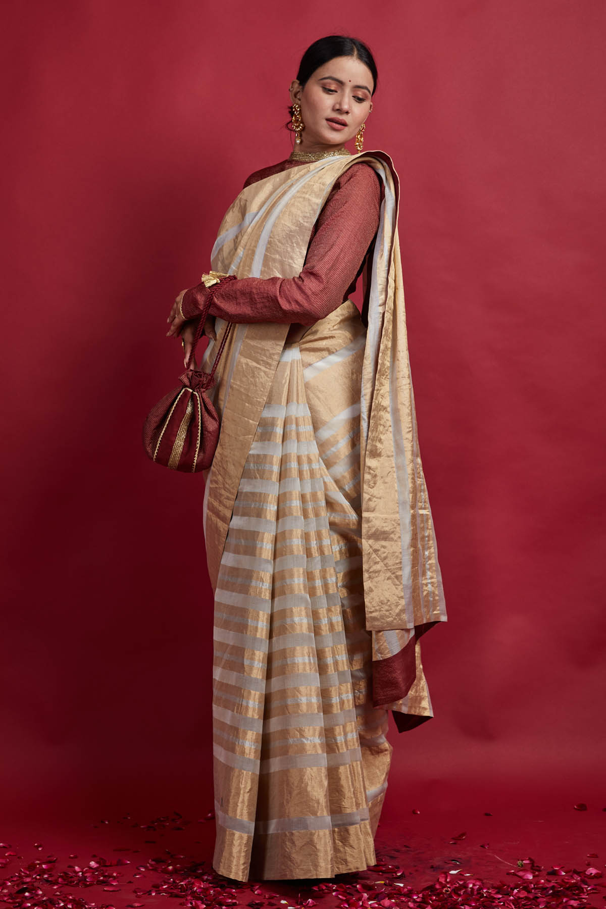 Ivory Zari Stripes Chanderi Saree Set