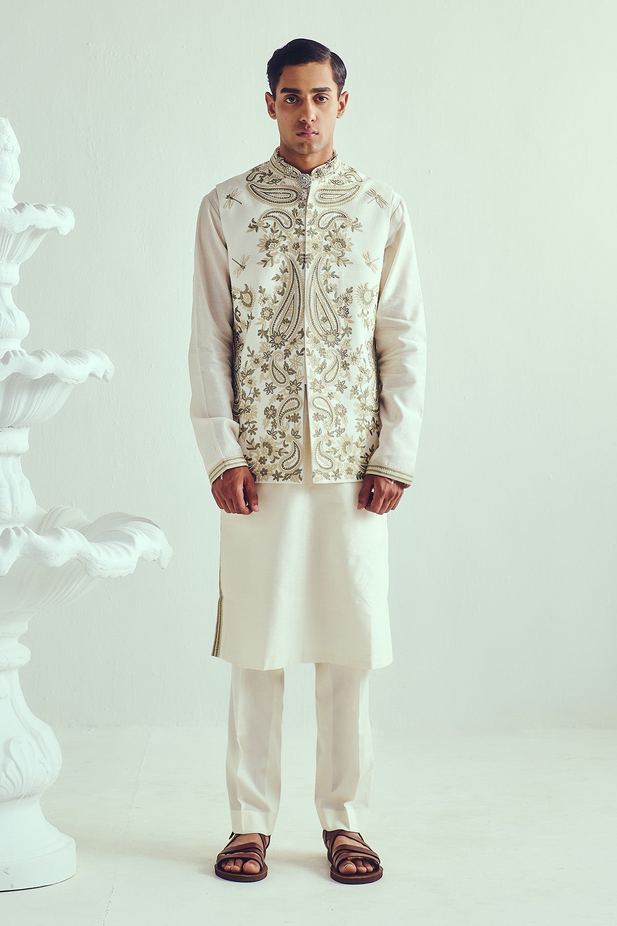 Buy Ivory Aari Embroidered Bundi Set by WABI SABI for Men online at ScrollnShops