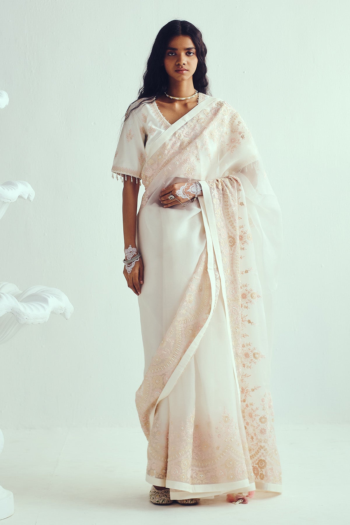 Buy Ivory Aari Embroidered Saree by WABI SABI for Women online at ScrollnShops