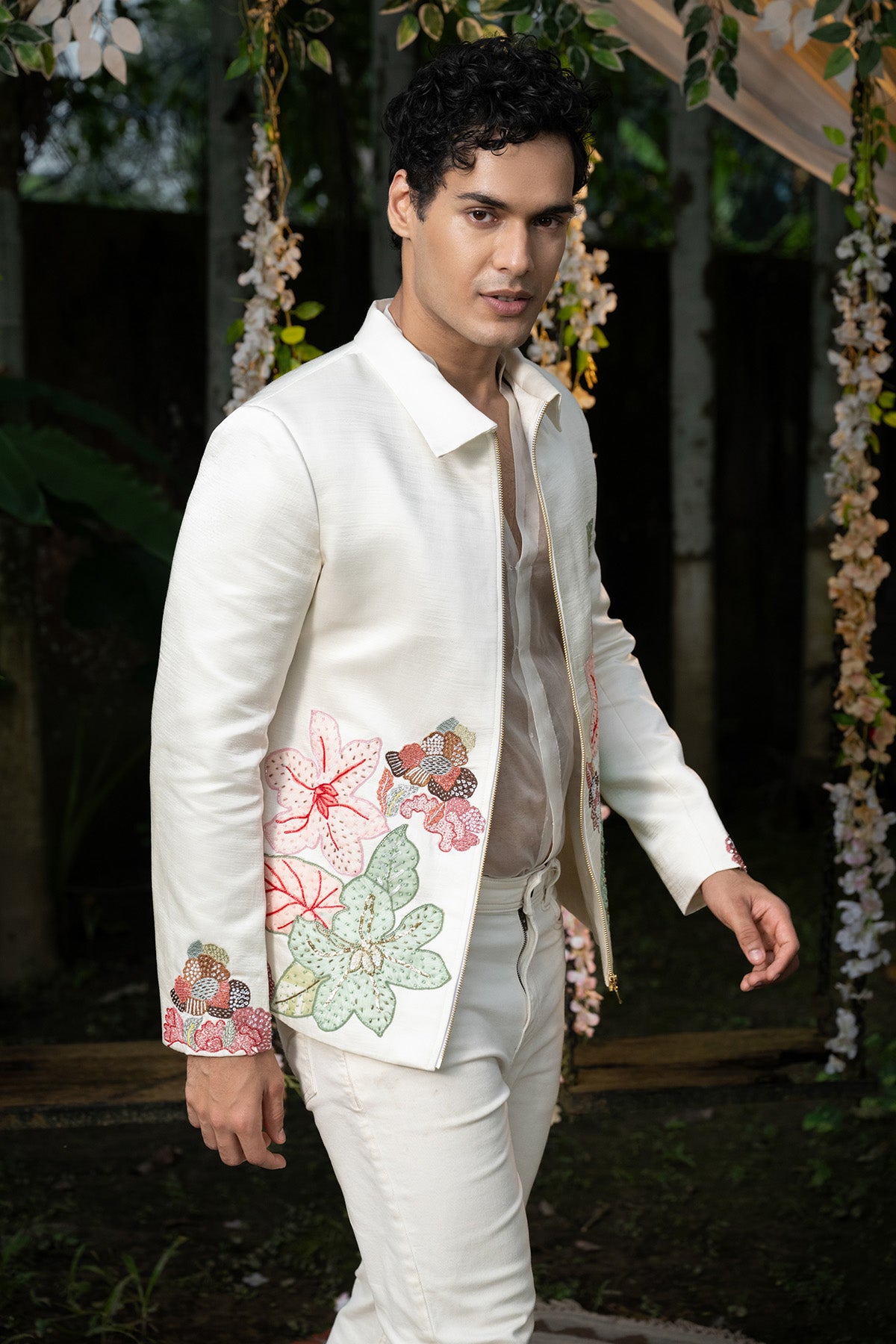 Ivory Applique Bomber Jacket