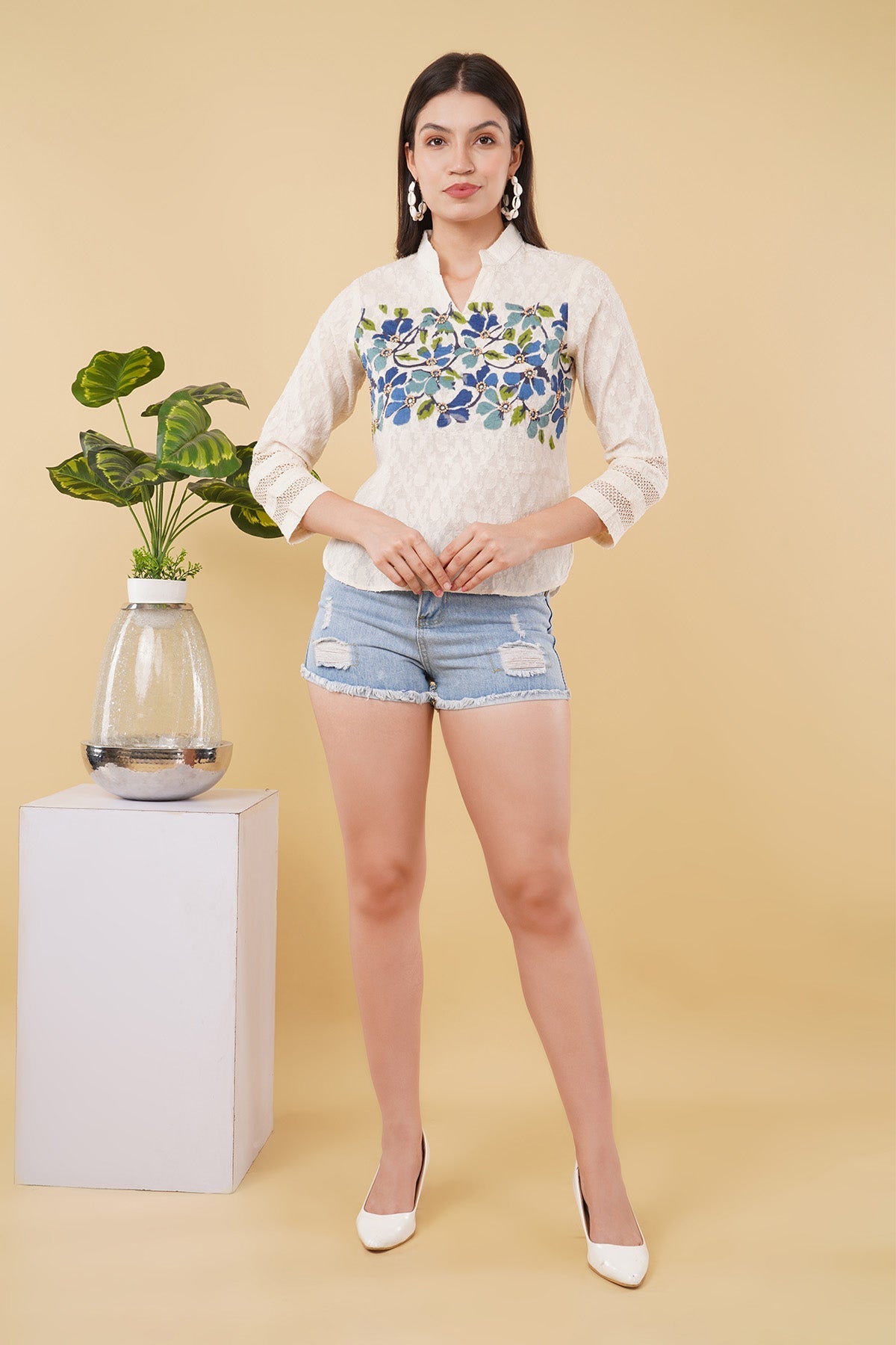 Buy Ivory Applique Work Collar Top by OSKOS for women online at ScrollnShops