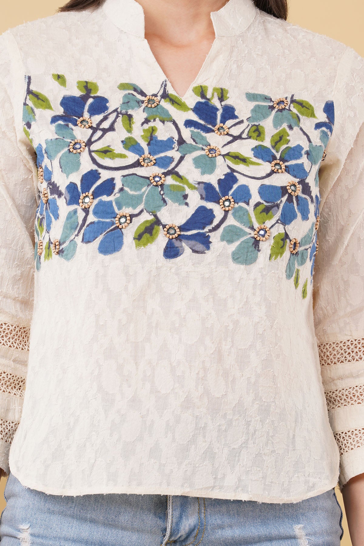 Ivory Applique Work Collar Top