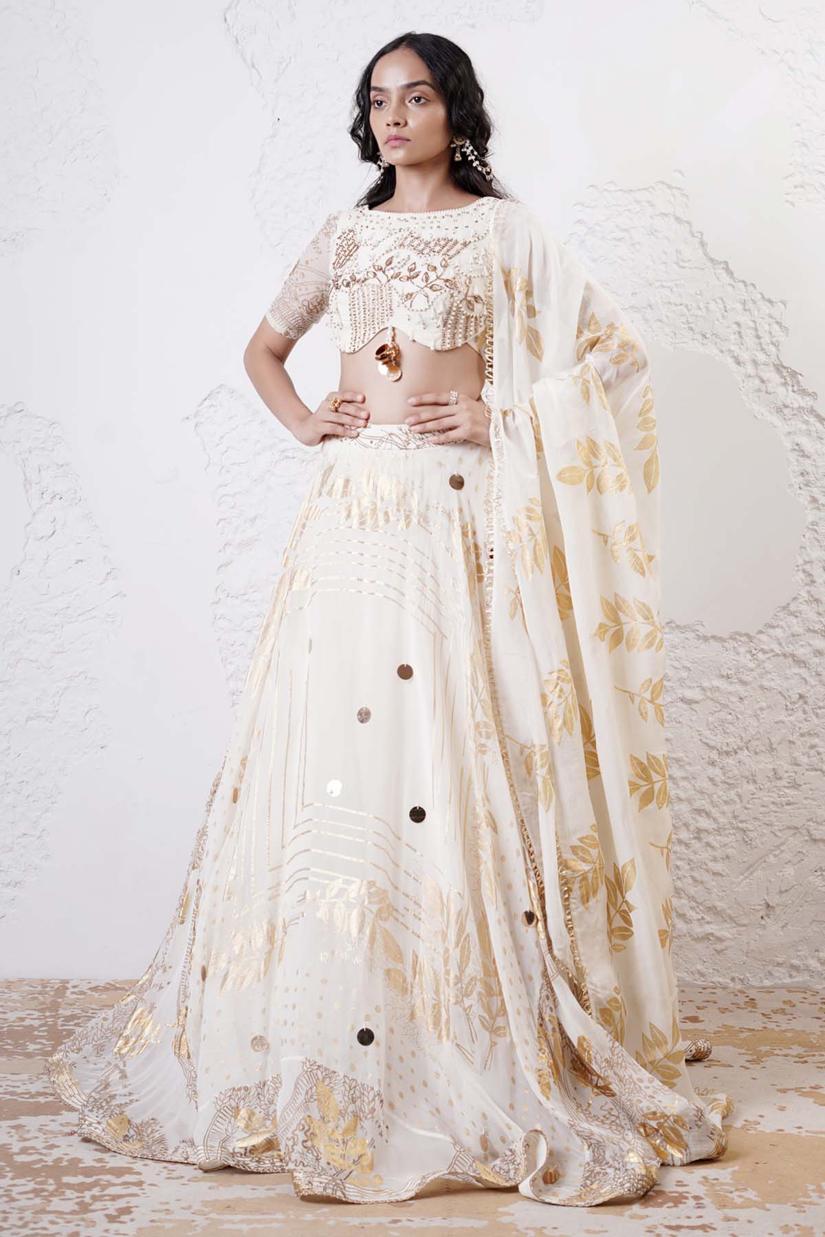 Shwetanga Ivory Bead Work Lehenga Set for women online at ScrollnShops