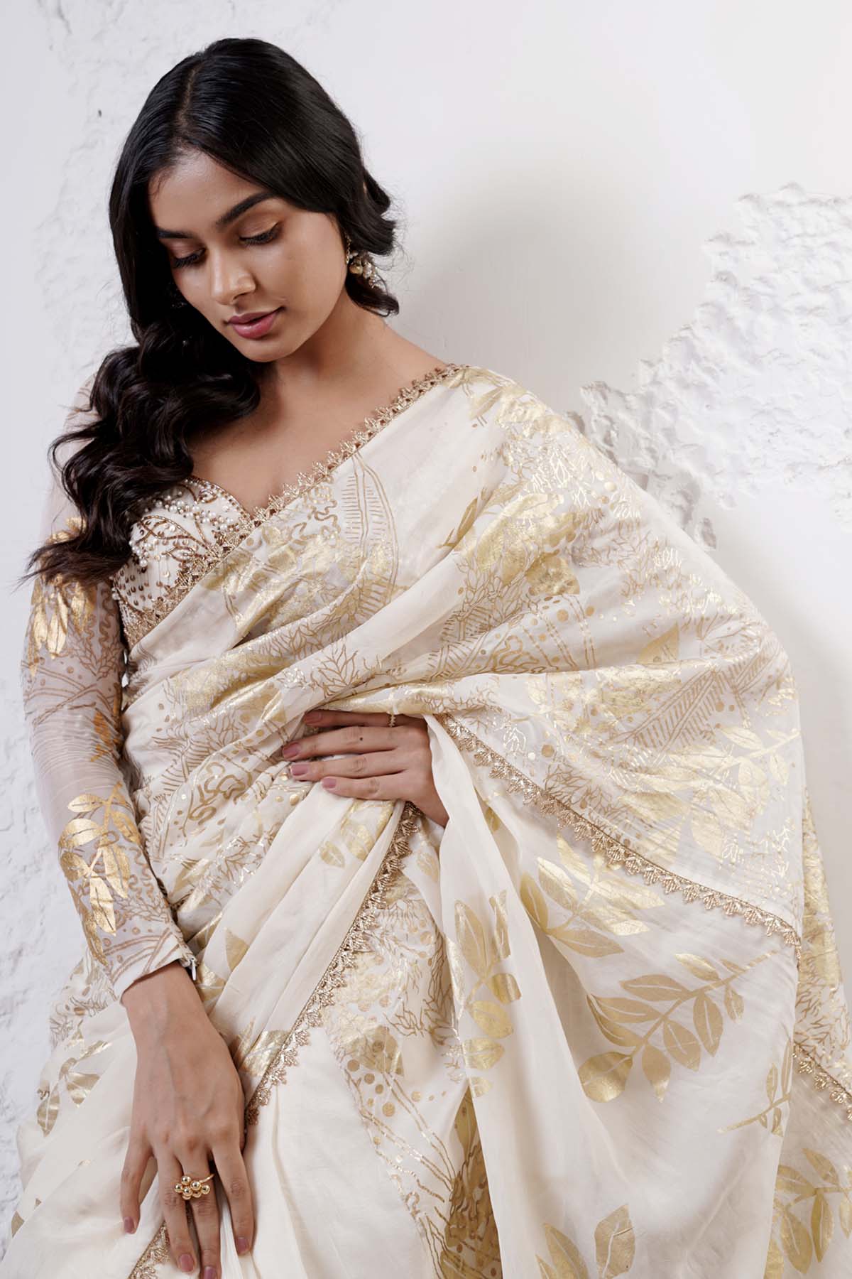 Ivory Bead Work Saree & Blouse