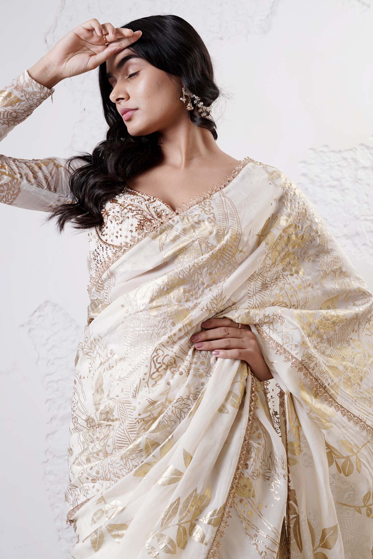 Ivory Bead Work Saree & Blouse