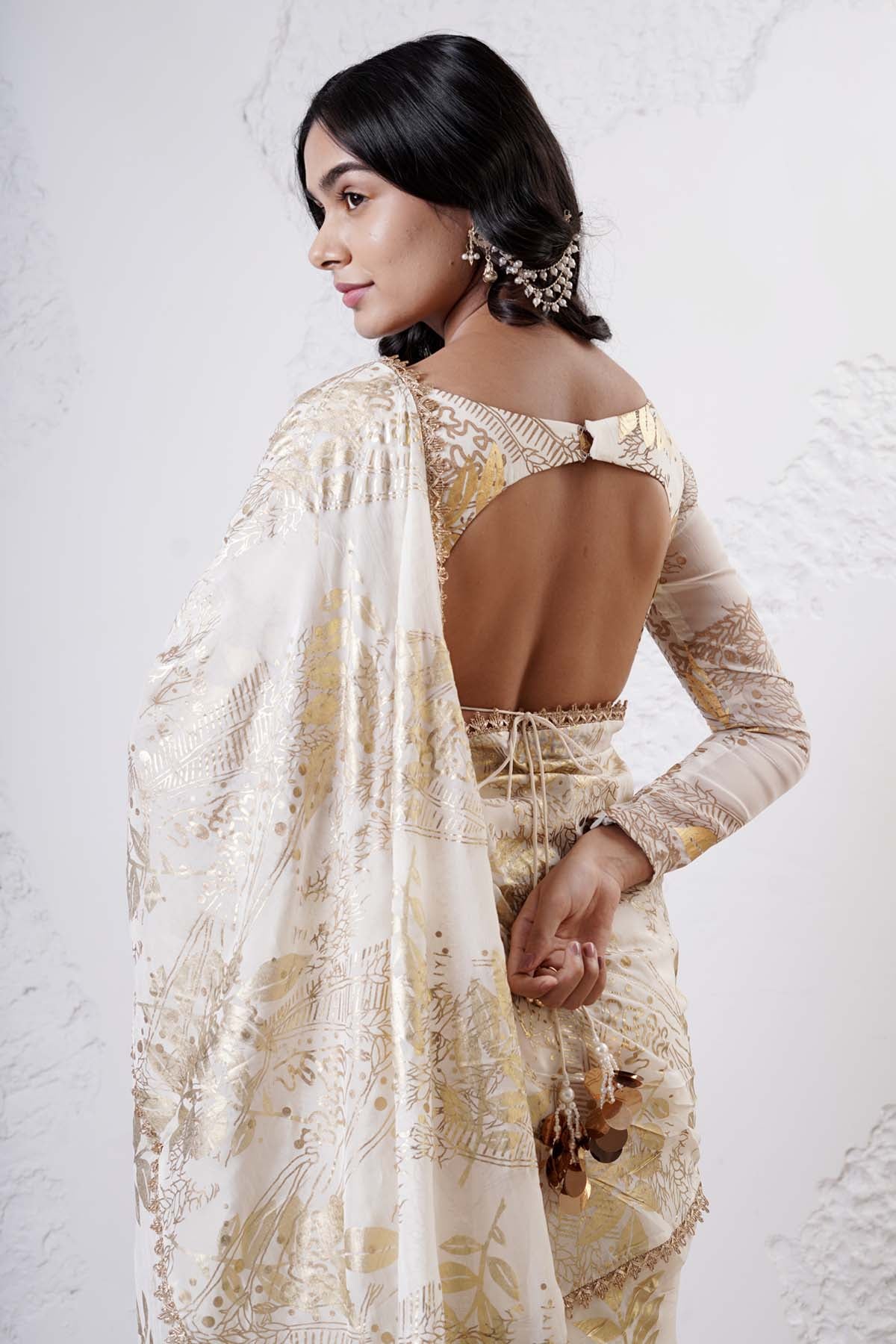 Ivory Bead Work Saree & Blouse