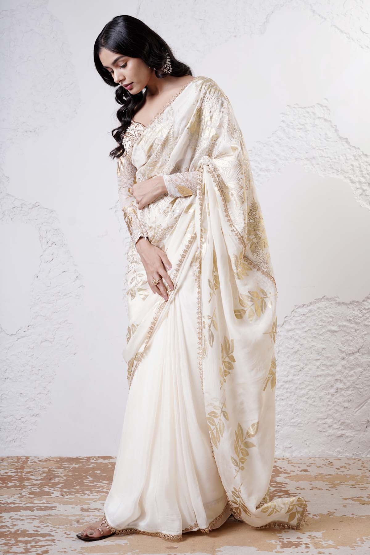 Shwetanga Ivory Bead Work Saree & Blouse for women online at ScrollnShops