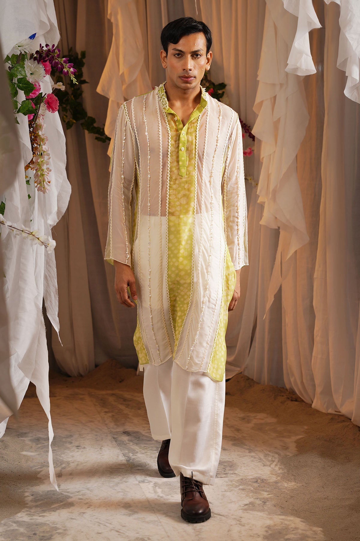 Buy Ivory Beaded Panel Kurta & Pants by Shwetanga for men online at ScrollnShops