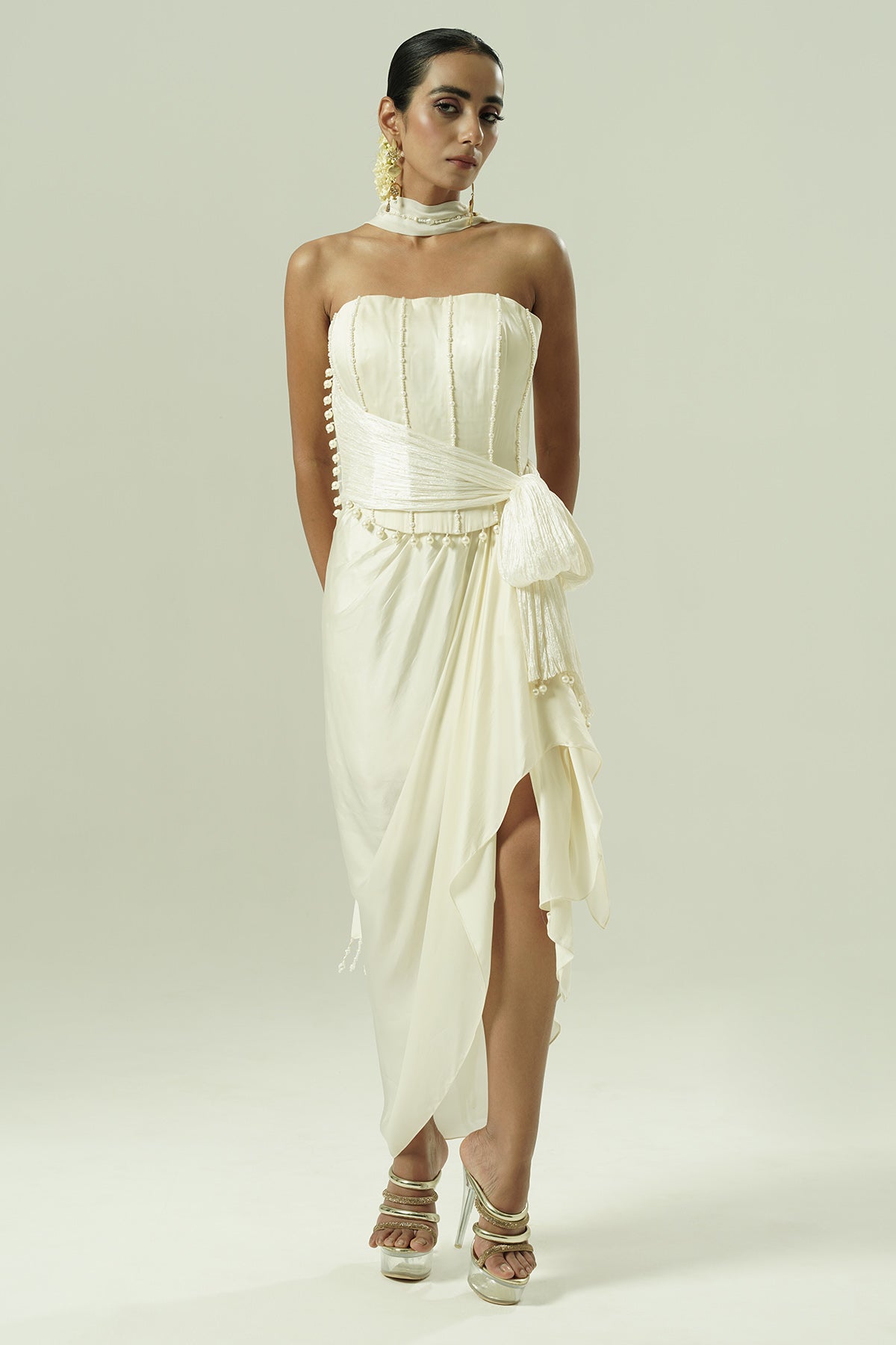 Ivory Beads Draped Co-ord Set