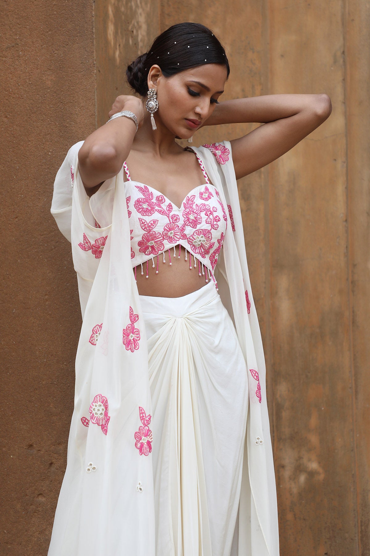 Ivory Beads Embroidered Cape Set