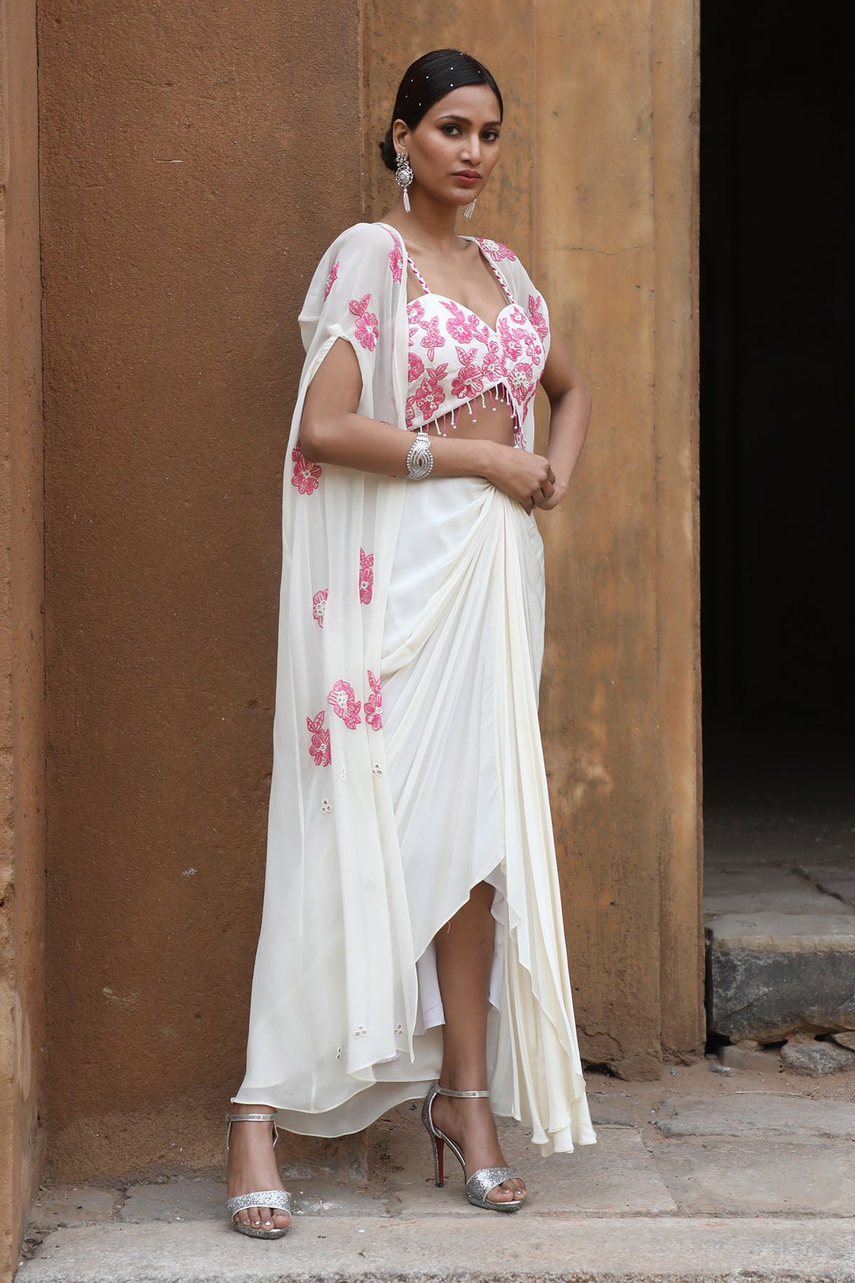 Ivory Beads Embroidered Cape Set