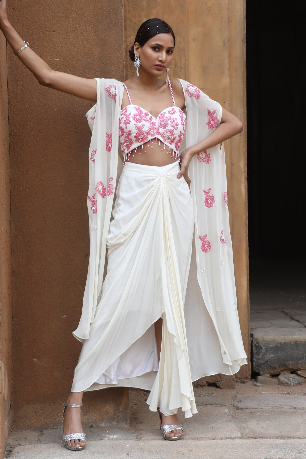 Buy Ivory Beads Embroidered Cape Set by Nitisha Kashyap for women online at ScrollnShops