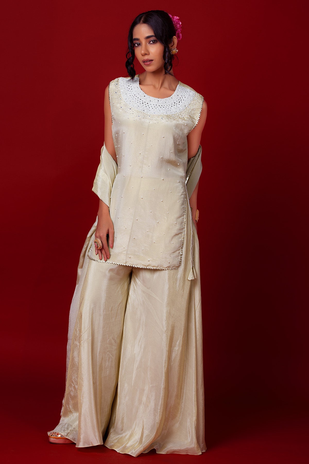 Buy Label Niyami Ivory Beads Shimmer Kurta Set for women online available at ScrollnShops