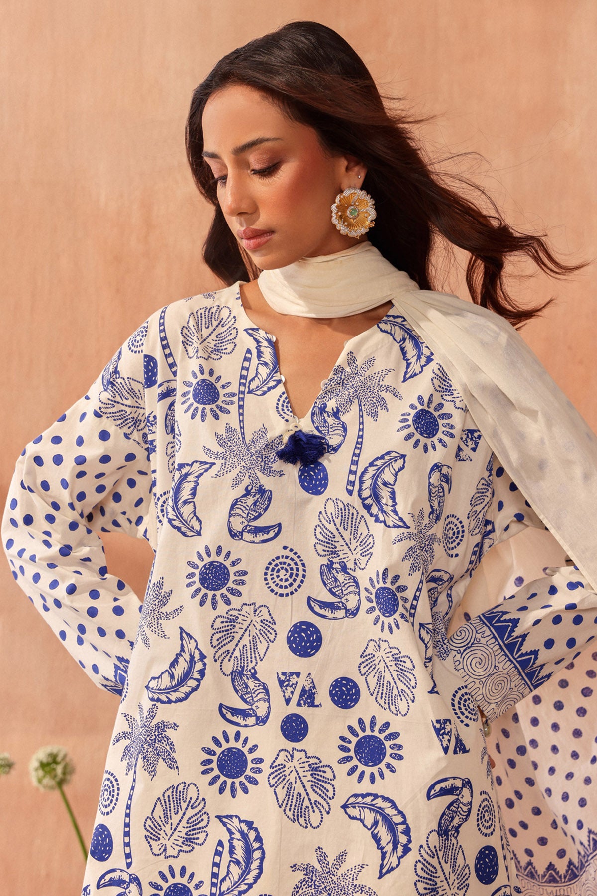 Ivory Block Print Kurta & Pants