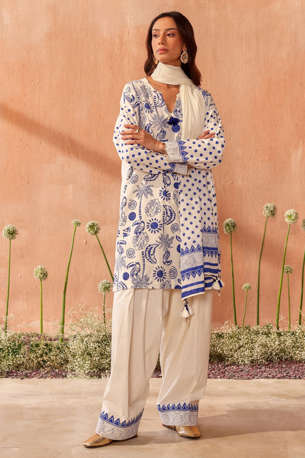 Ivory Block Print Kurta & Pants