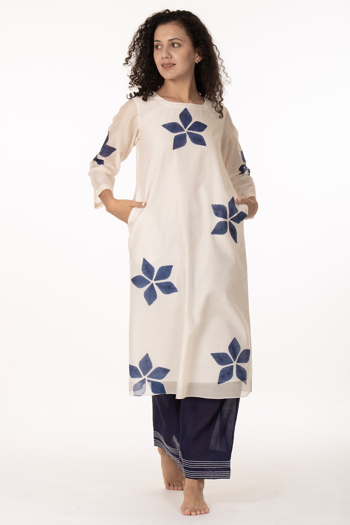Buy Ivory Blue Chanderi Kurta Pants for women by Khat Clothing online available at scrollnshops
