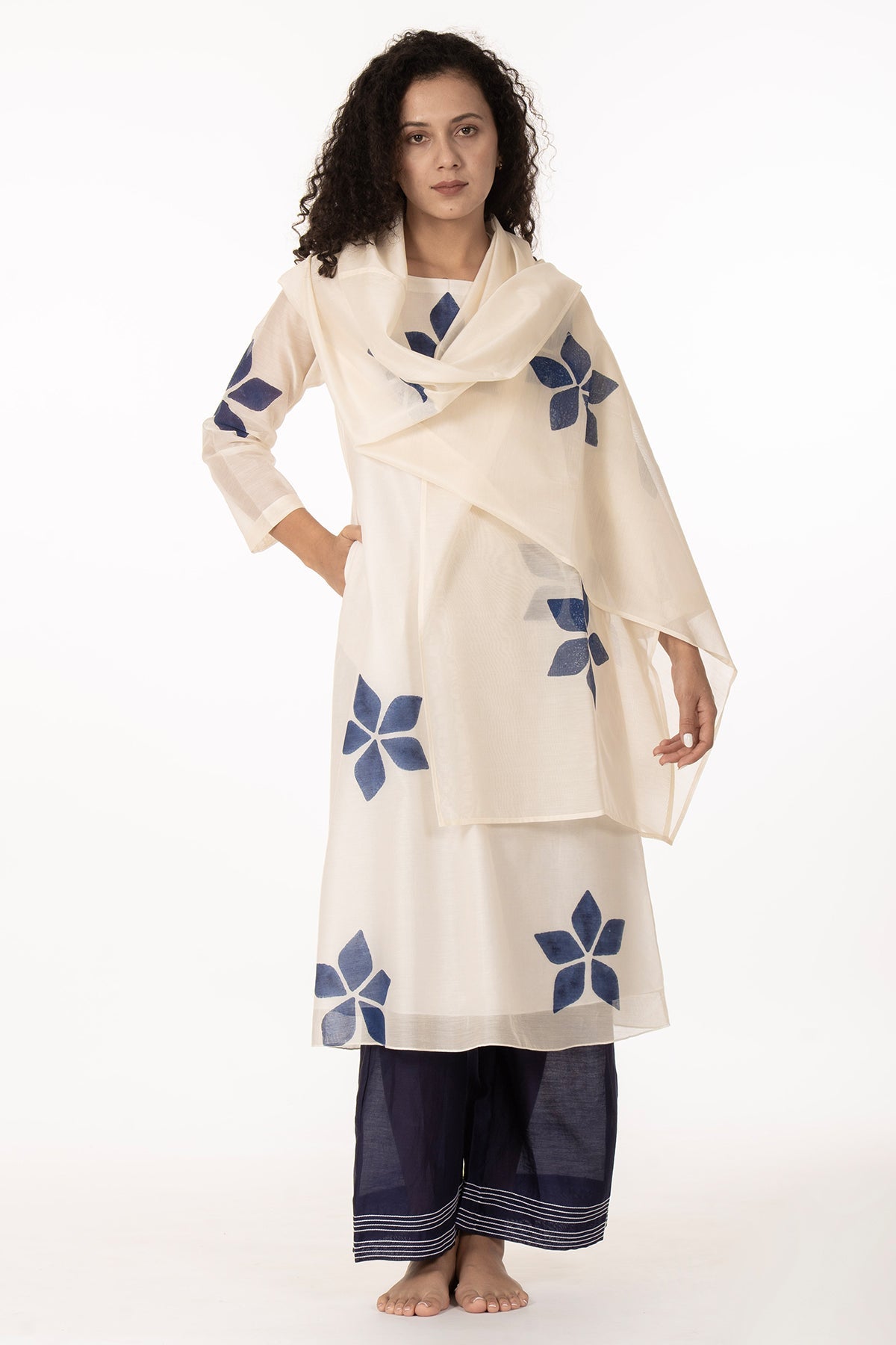 Buy Ivory Blue Hand Print Kurta Set for women by Khat Clothing online available at scrollnshops