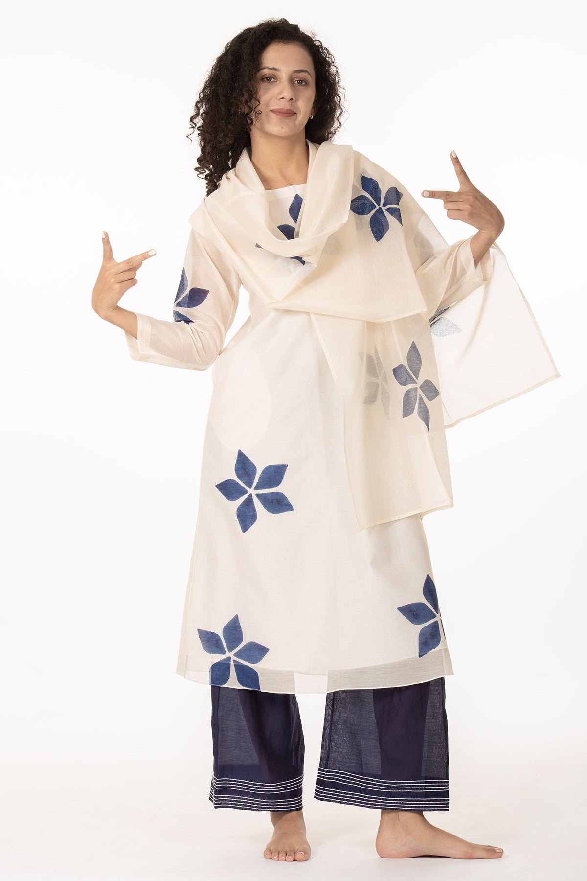 Ivory Blue Hand Print Kurta Set