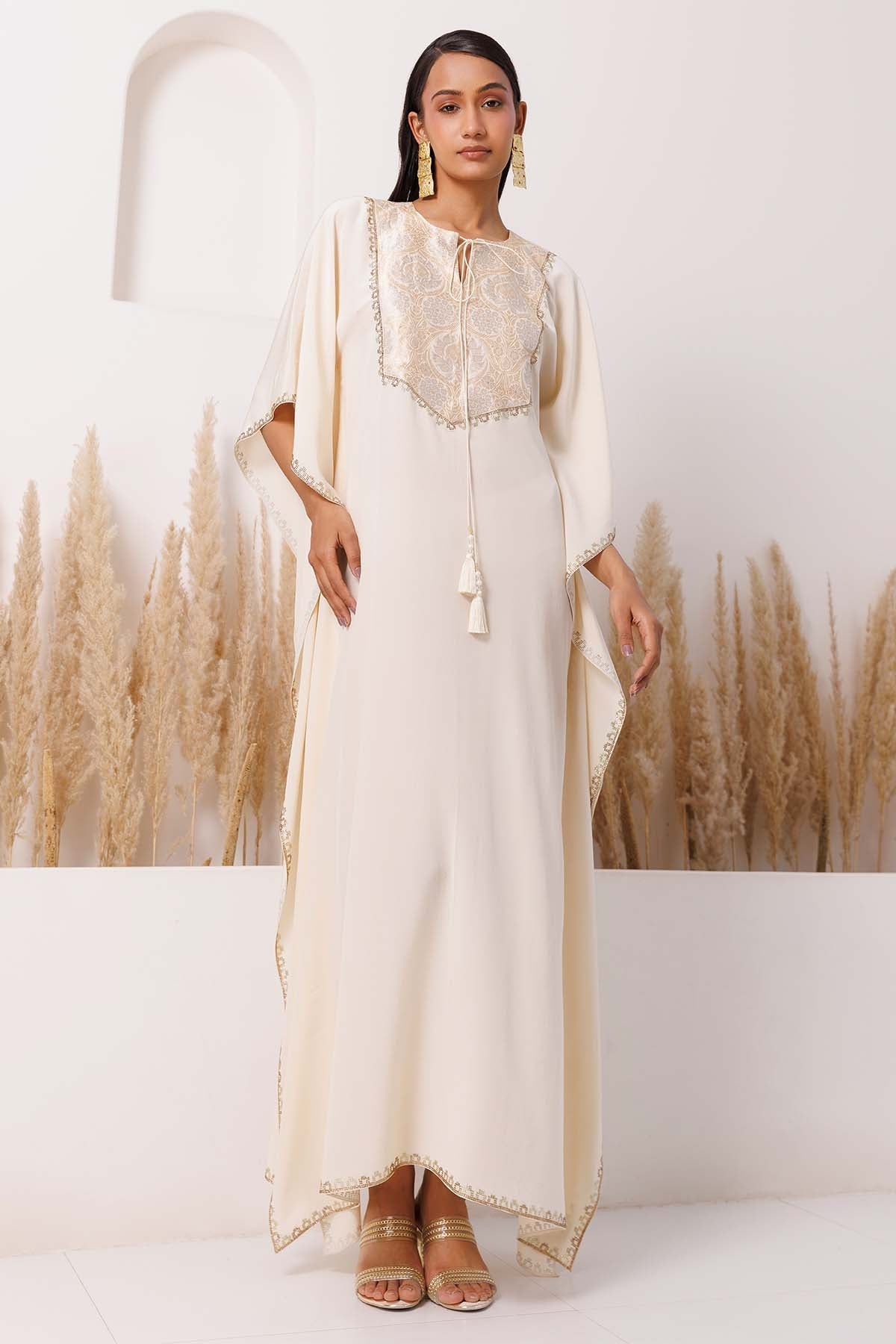 Chhaya Mehrotra Ivory Brocade Yoke Long Kaftan for women online at ScrollnShops