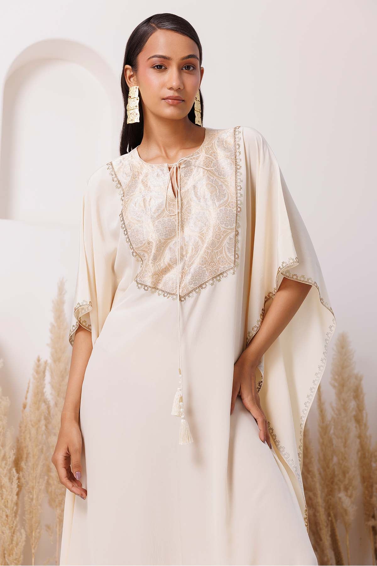 Ivory Brocade Yoke Long Kaftan
