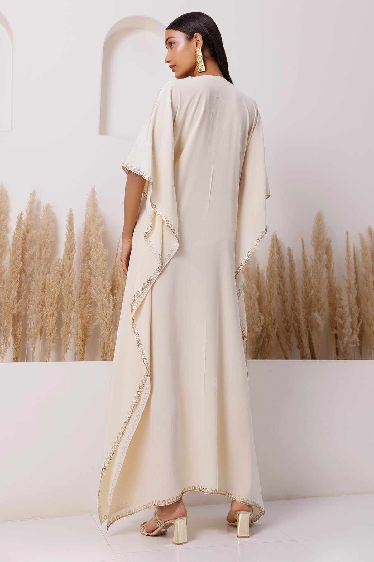 Ivory Brocade Yoke Long Kaftan