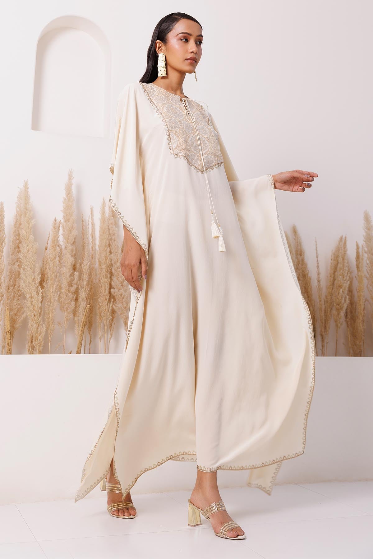 Ivory Brocade Yoke Long Kaftan