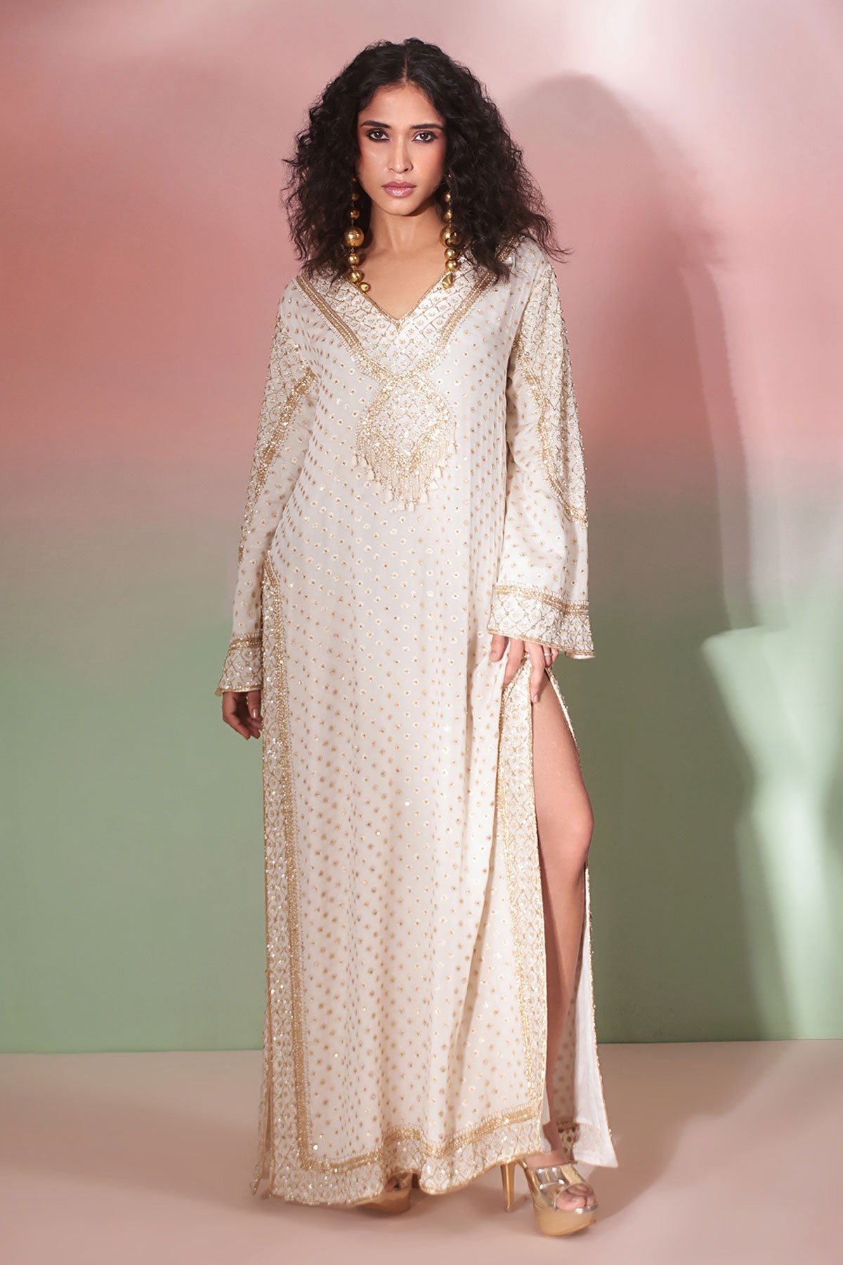 Buy Ivory Buti Embroidered Kaftan Set for women by Priyanka Jain online available at scrollnshops