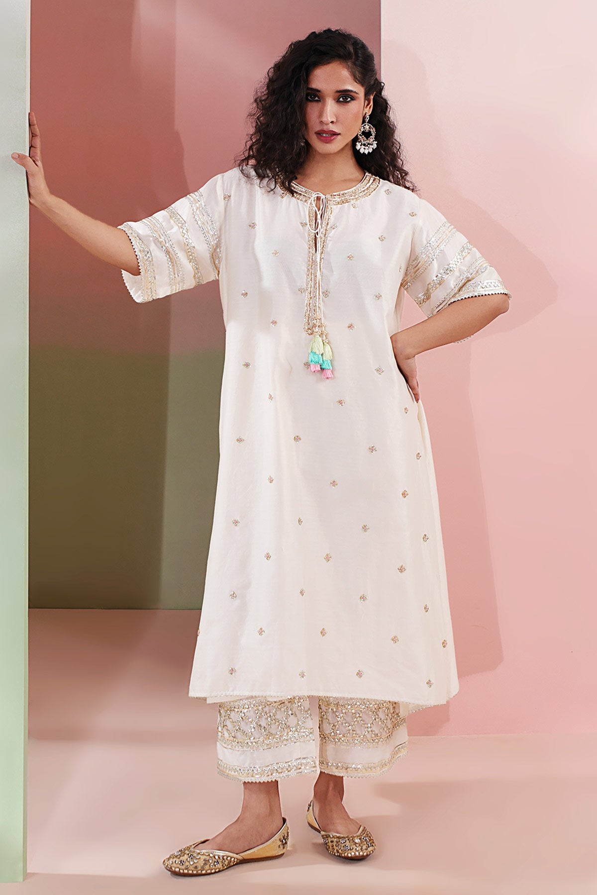 Buy Ivory Chanderi Beads Kurta Set Set for women by Priyanka Jain online available at scrollnshops
