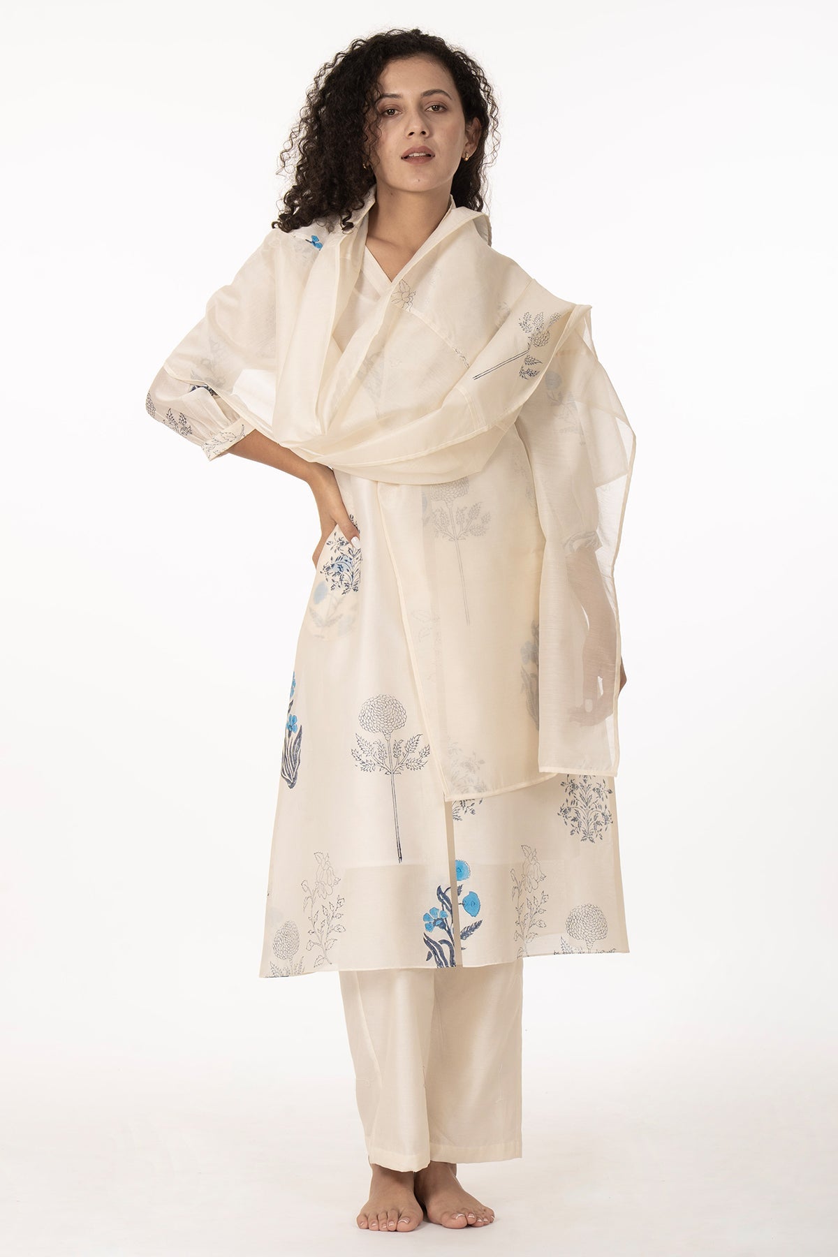 Buy Ivory Chanderi Flower Kurta Set for women by Khat Clothing online available at scrollnshops