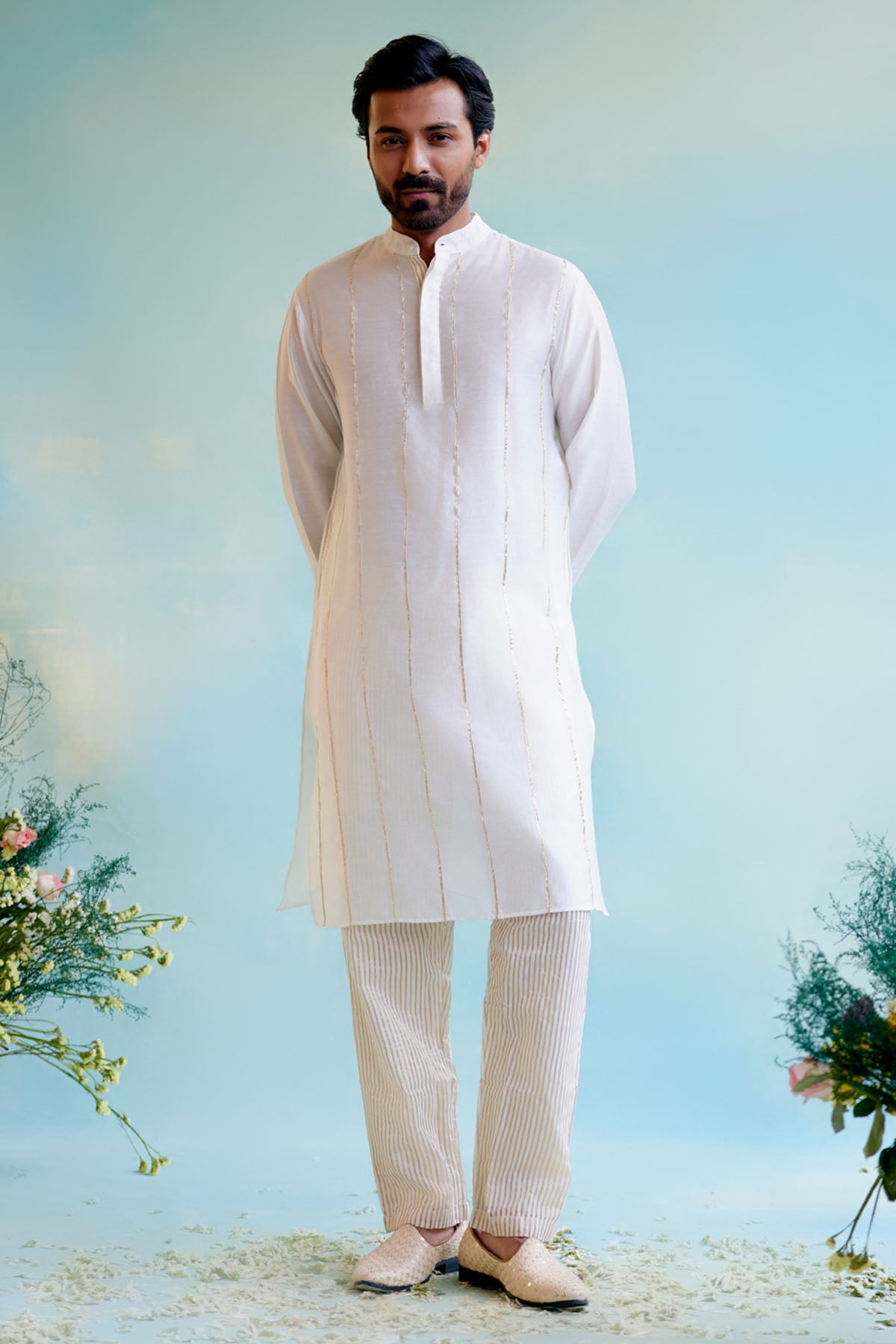 Nero Ivory Chanderi Gota Lace Kurta for Men Online Available at ScrollnShops