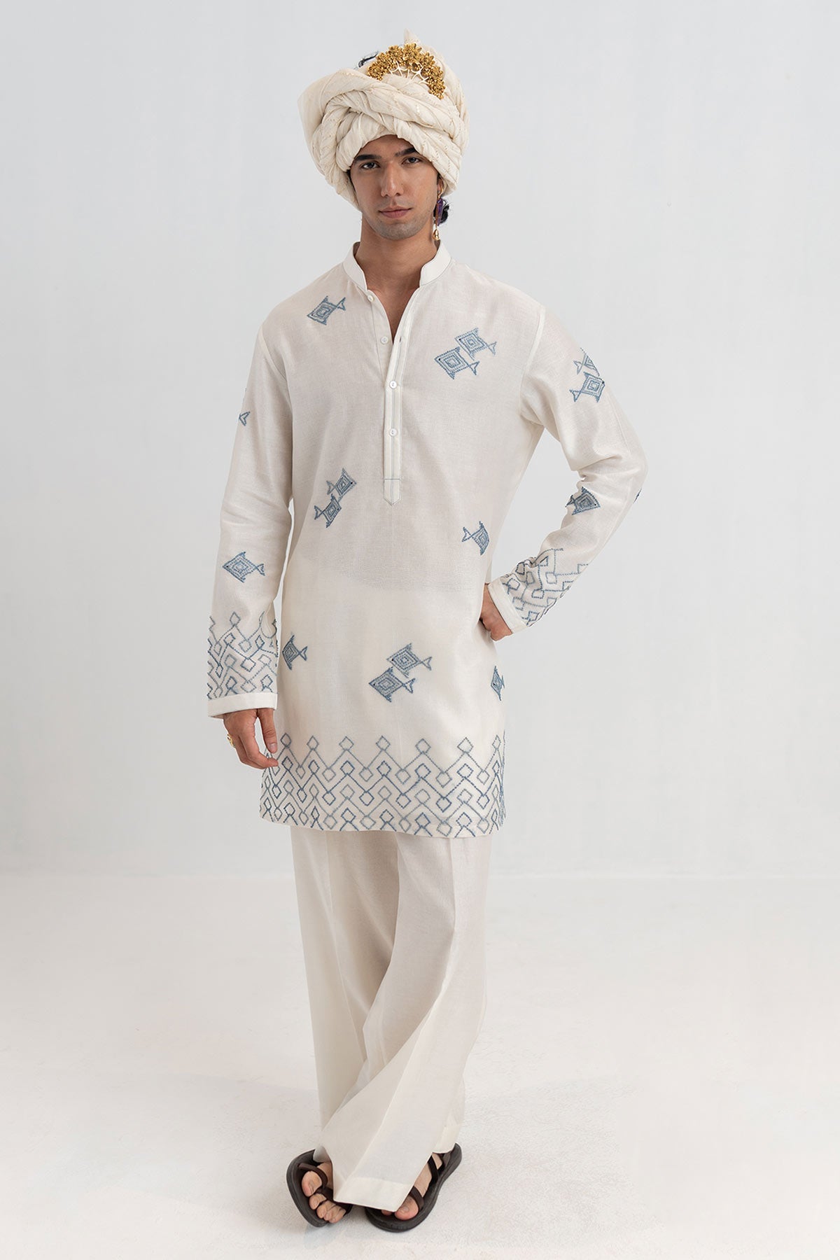 Buy Ivory Handloom Kurta & Pants for men by Ajiesh Oberoi online available at scrollnshops
