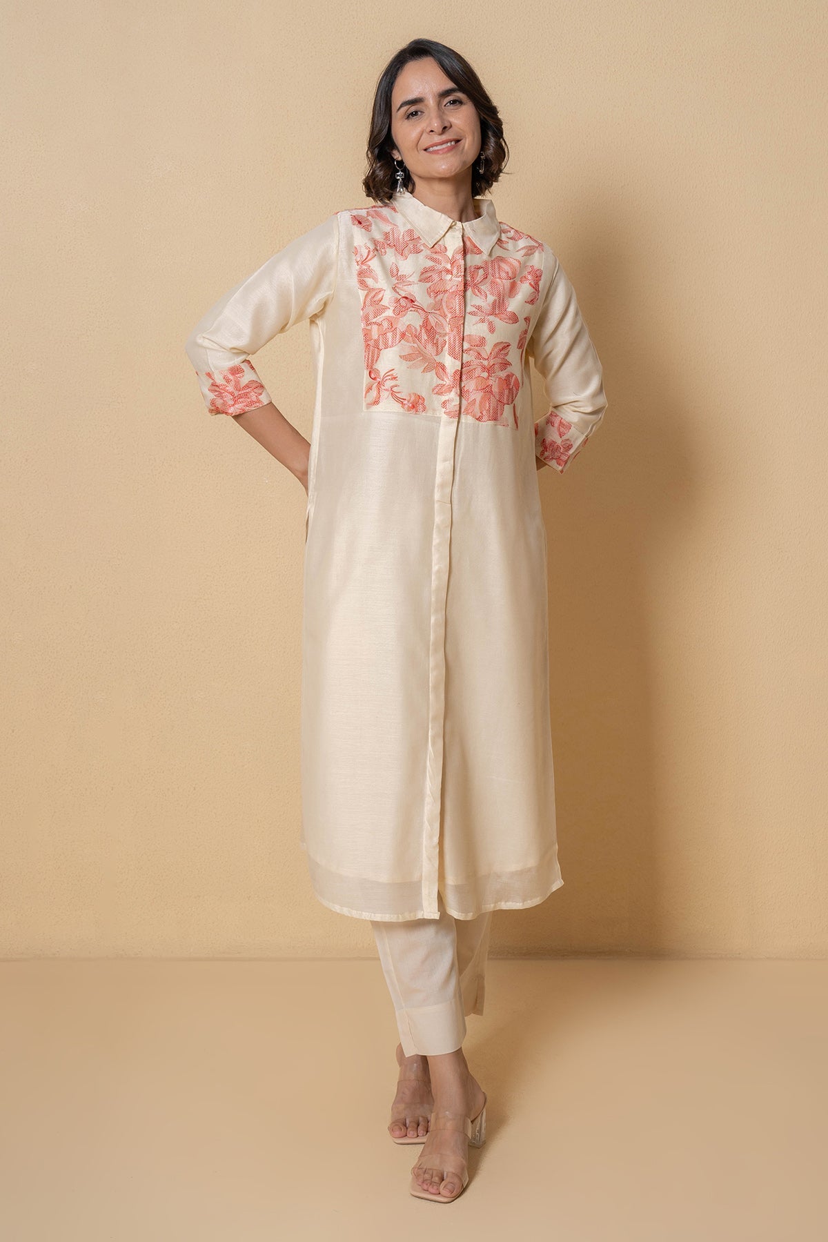 Buy Chanderi Ivory Kurta and Pants for Women Online at ScrollnShops