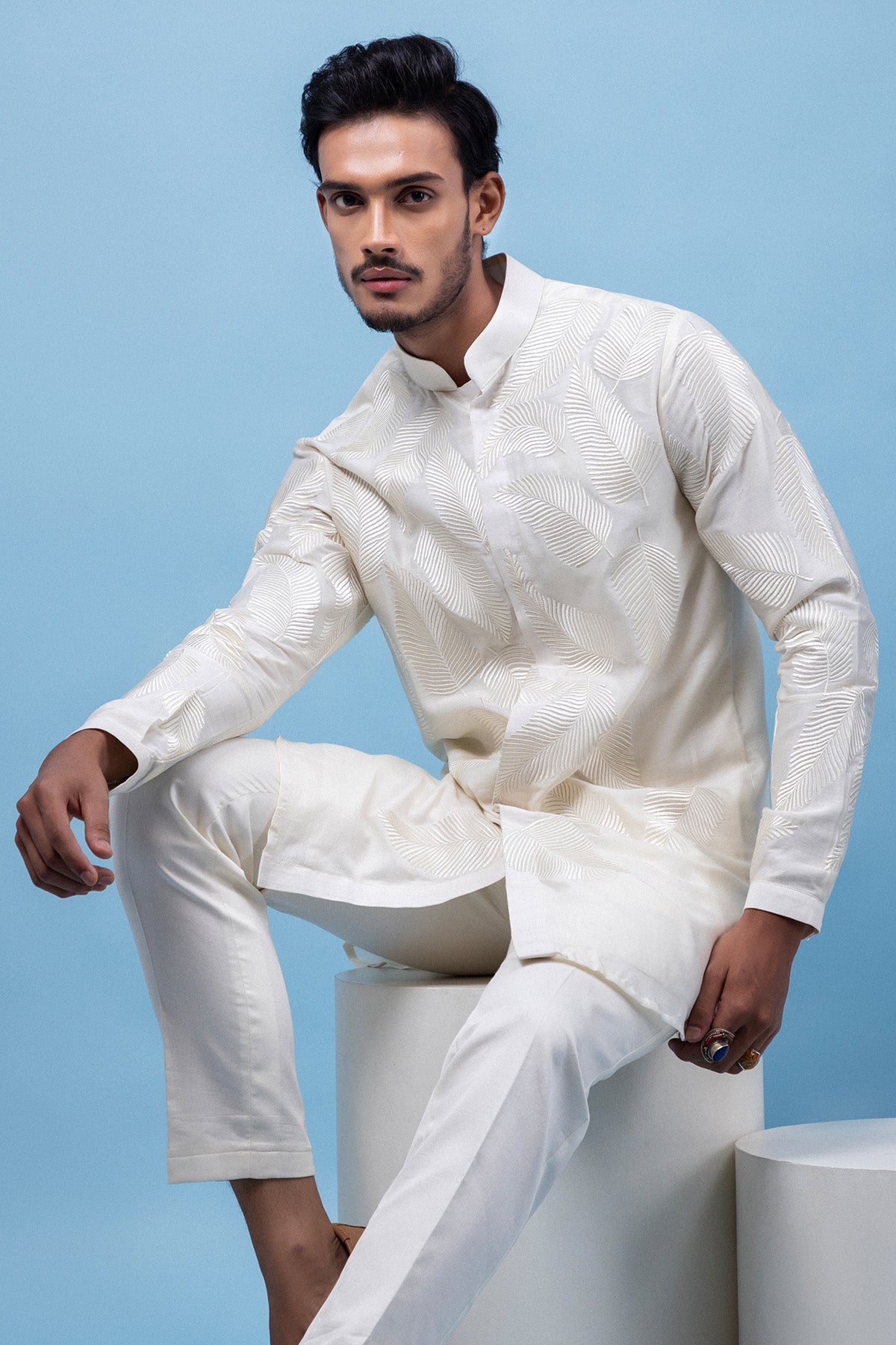 Ivory Chanderi Leaf Motif Kurta