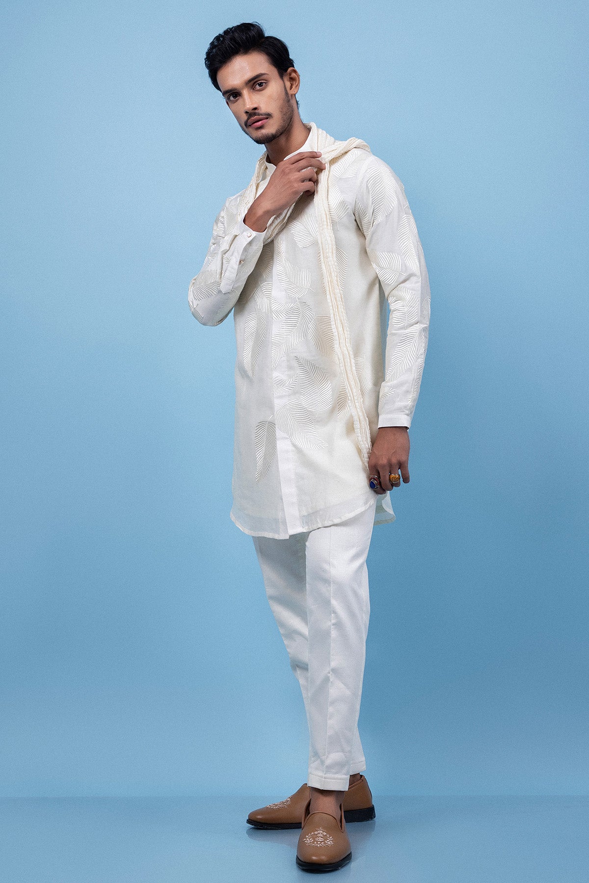 Ivory Chanderi Leaf Motif Kurta