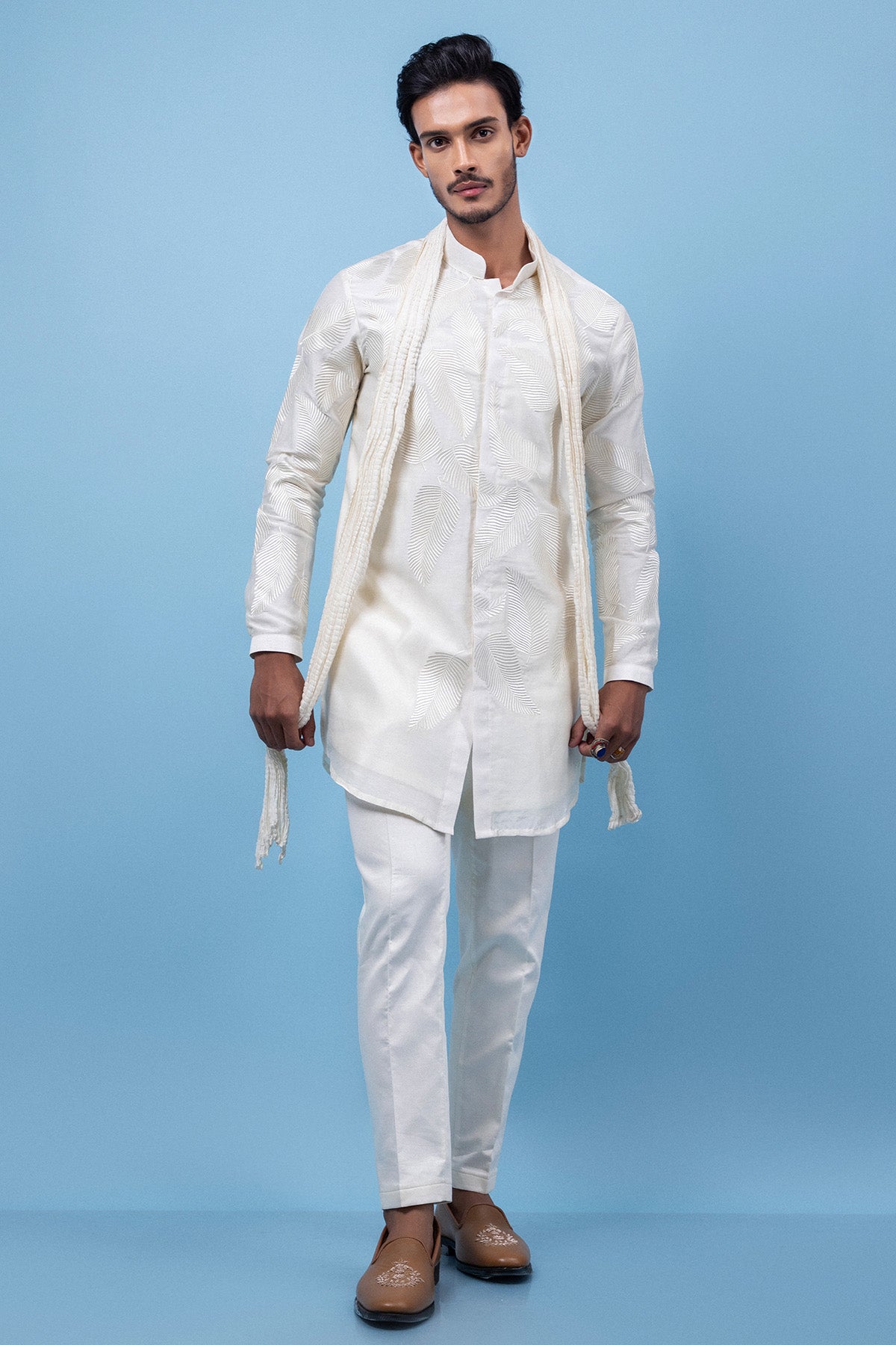 Buy Ivory Chanderi Leaf Motif Kurta for men by Paarsh Atelier online available at scrollnshops