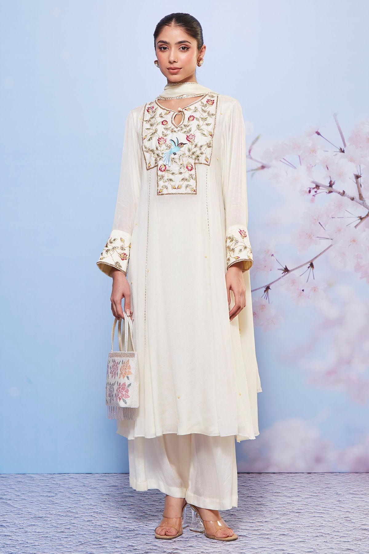 Buy Ivory Chiffon A-Line Kurta Set Online