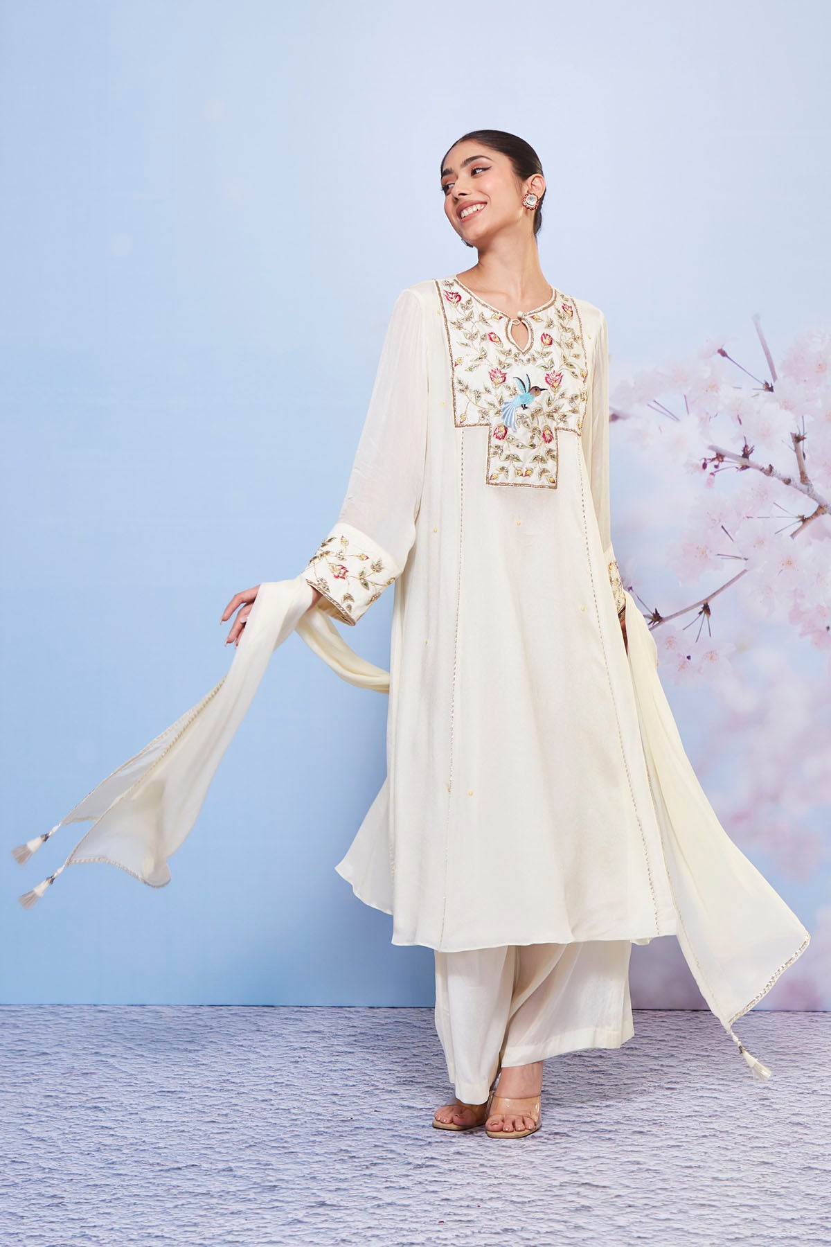 Ivory Chiffon A-Line Kurta Set