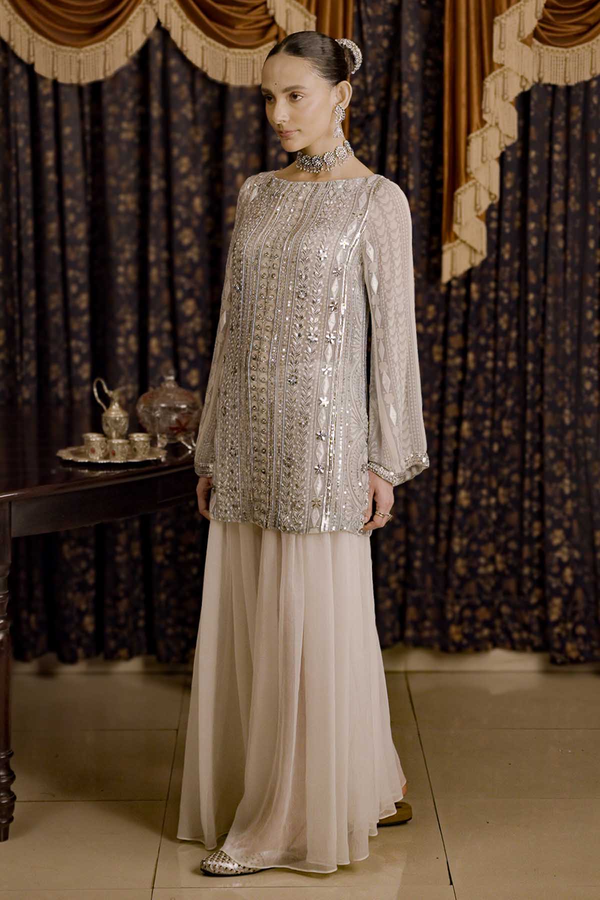 Ivory Chiffon Applique Kurta Set