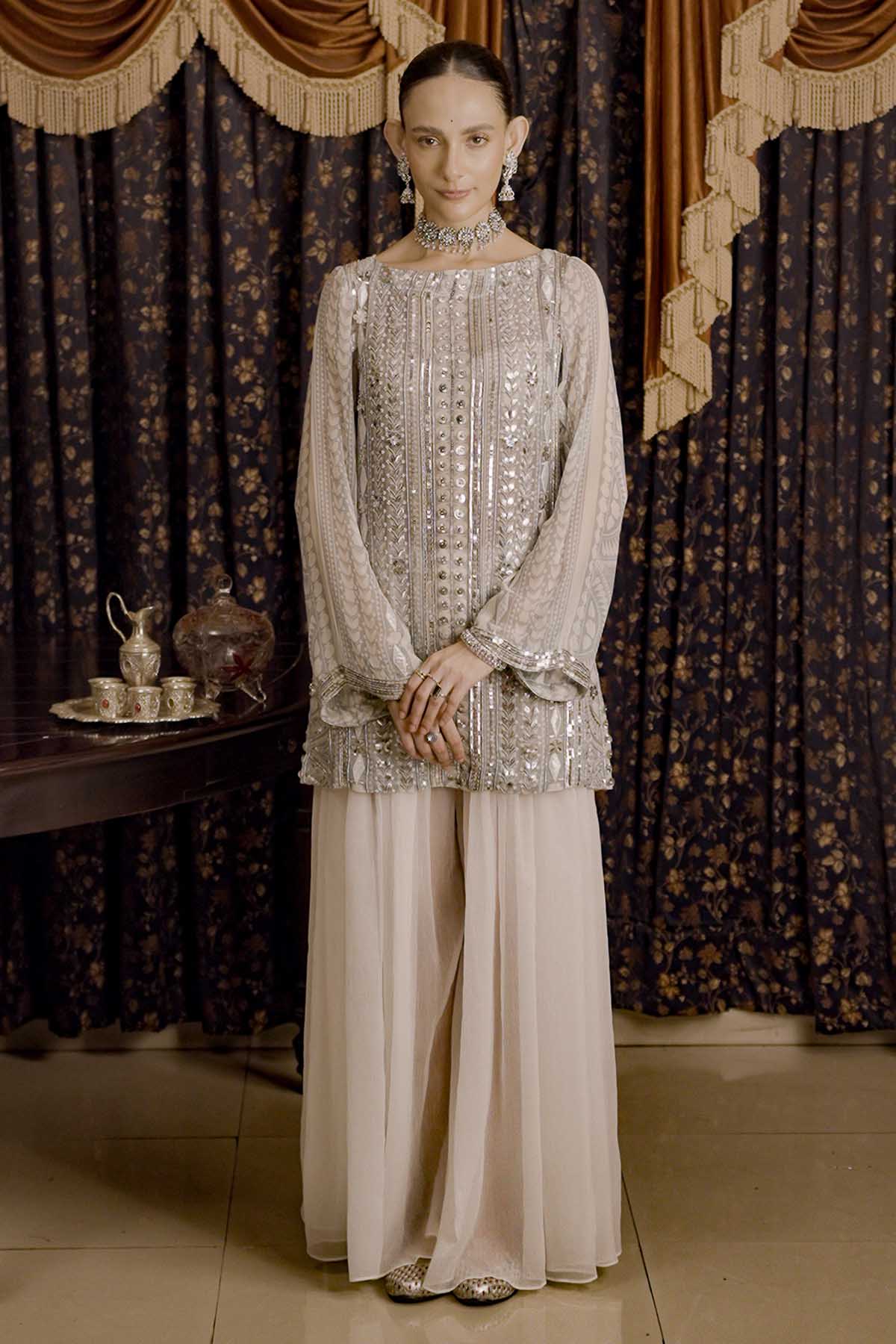 Ivory Chiffon Applique Kurta Set