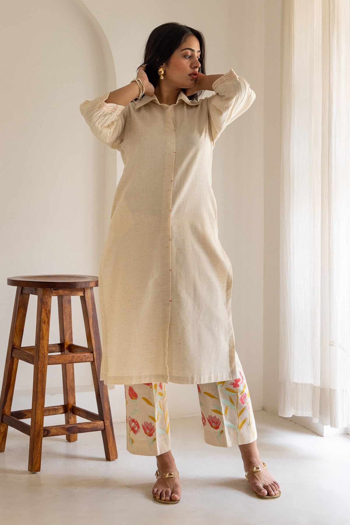 Ivory Cotton Floral Kurta Set